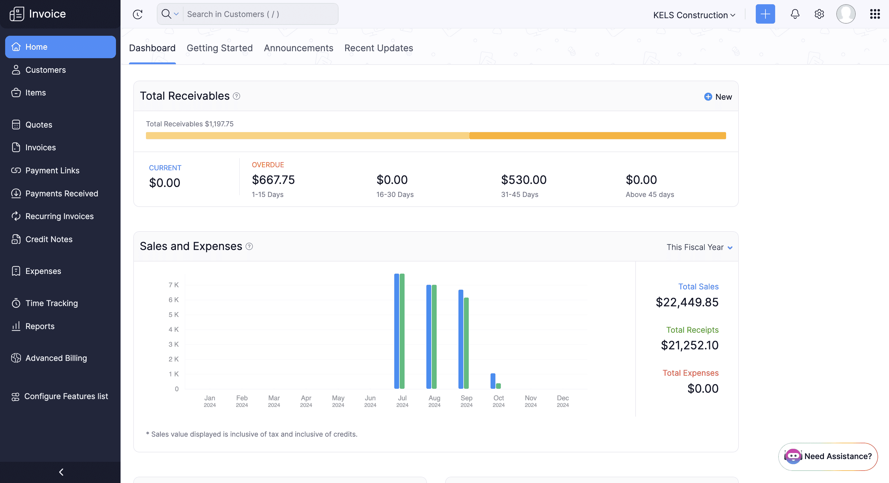 zoho invoice dashboard