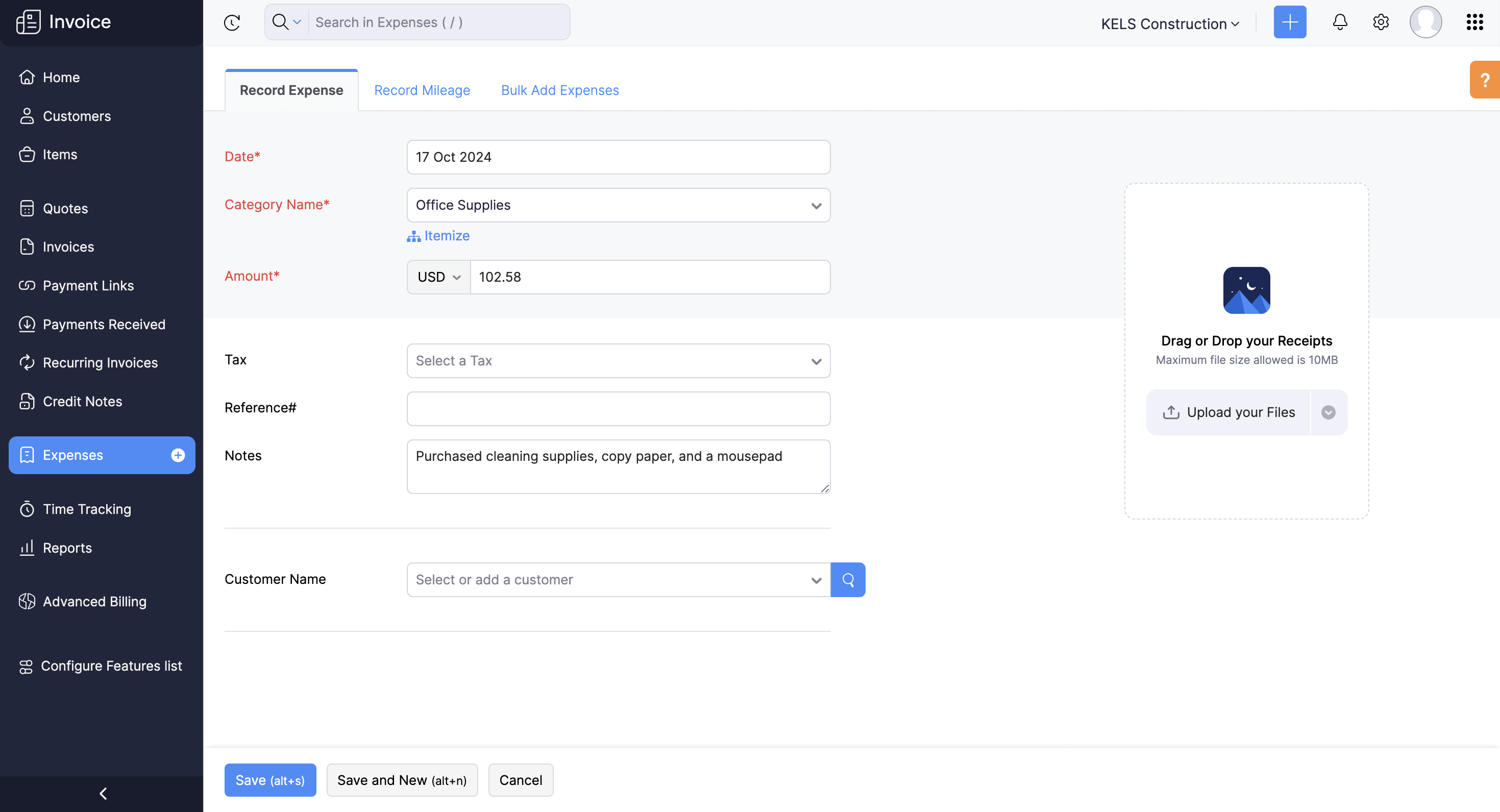 zoho invoice expense tracking