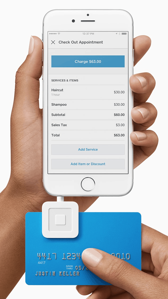 Square Appointments mobile app on older iPhone with headphone jack credit card reader