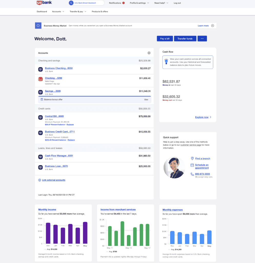 us bank business banking dashboard